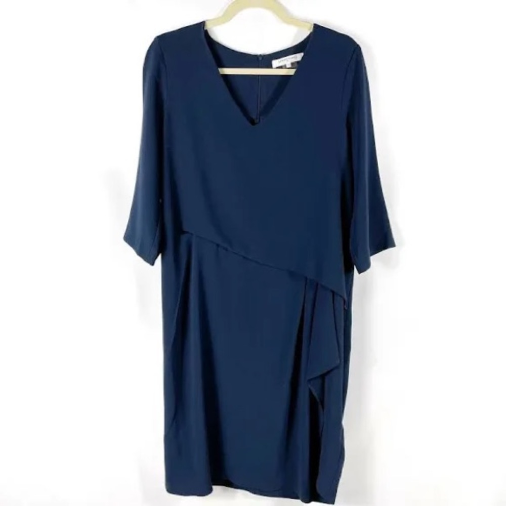 GERARD DAREL Navy Blue Dress Shift 3/4 Sleeve Drape Wrap Skirt